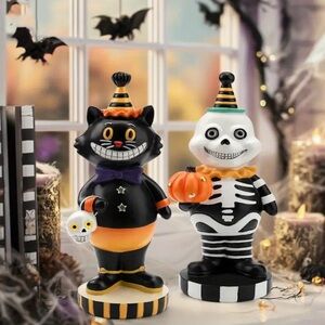 New Vintage Style Halloween Black Cat and Skeleton Set